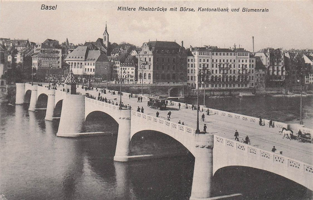 Basel Mittlere Rheinbrucke Mit Borse Kantonalbank Und Blumenrain