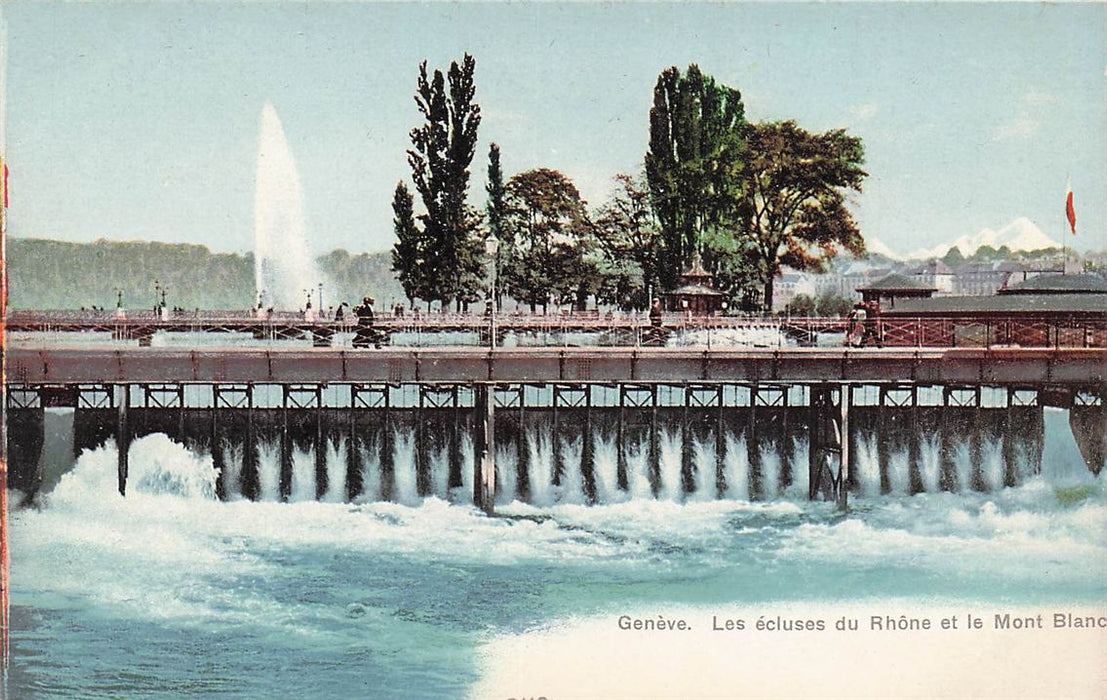 Geneve Les Ecluses Du Rhone Et Le Mont Blanc