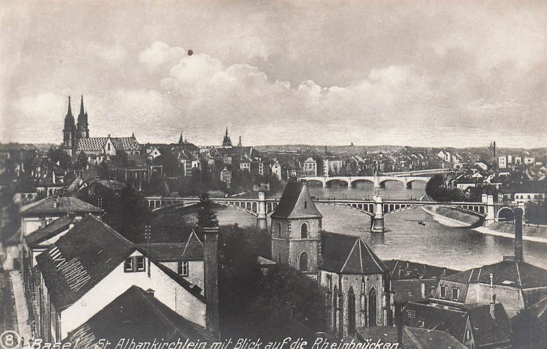 Basel St Albankirchlein Mit Blick Auf Die Rheinbrucken