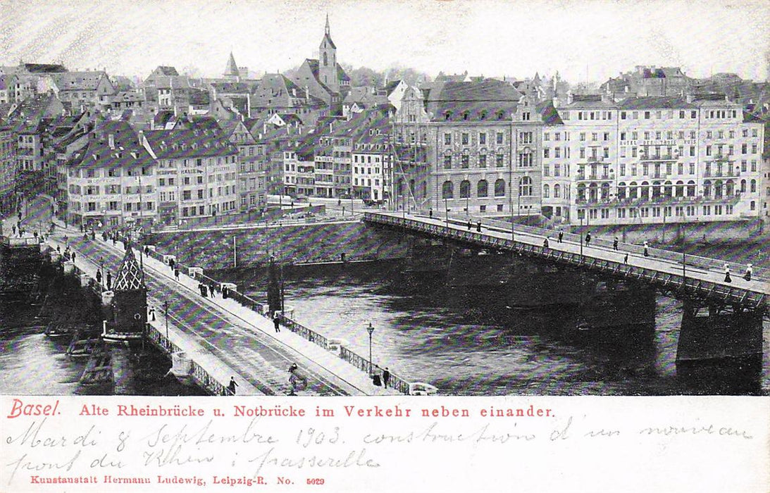 Basel Alte Rheinbrucke U Notbrucke Im Verkehr Neben Einander