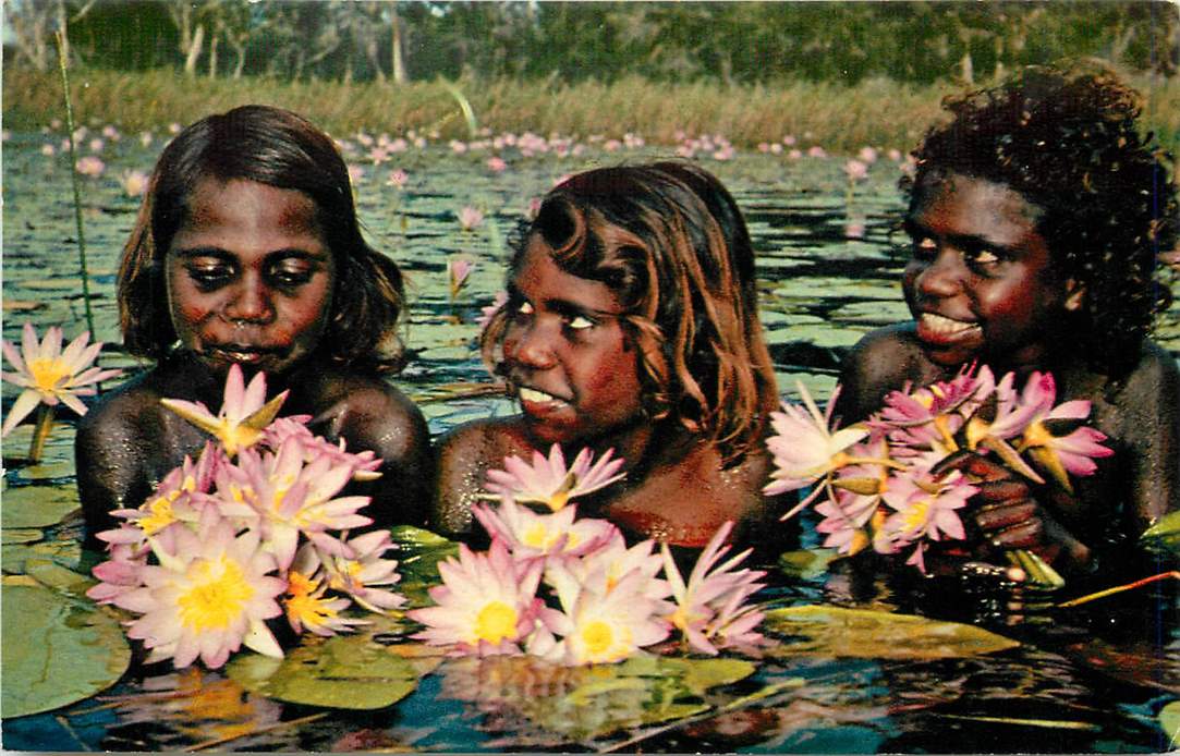 Aboriginal girls collecting water lilies in a lagoon